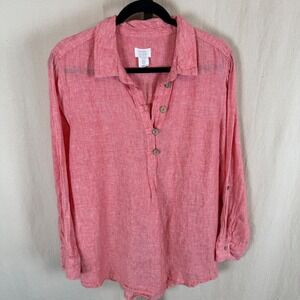 Sigrid Olsen Women 1X Coral Pink 100% Linen Henley Tunic Roll Tab Sleeve Top